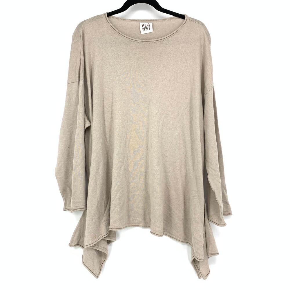 PLANET Women's One Size Sharkbite Hem Long Sleeve Sweater Beige Pima Cotton
